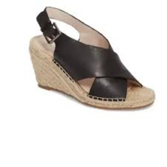 Caslon Black Leather Espadrille Wedge Sandals 8 - Picture 1 of 6